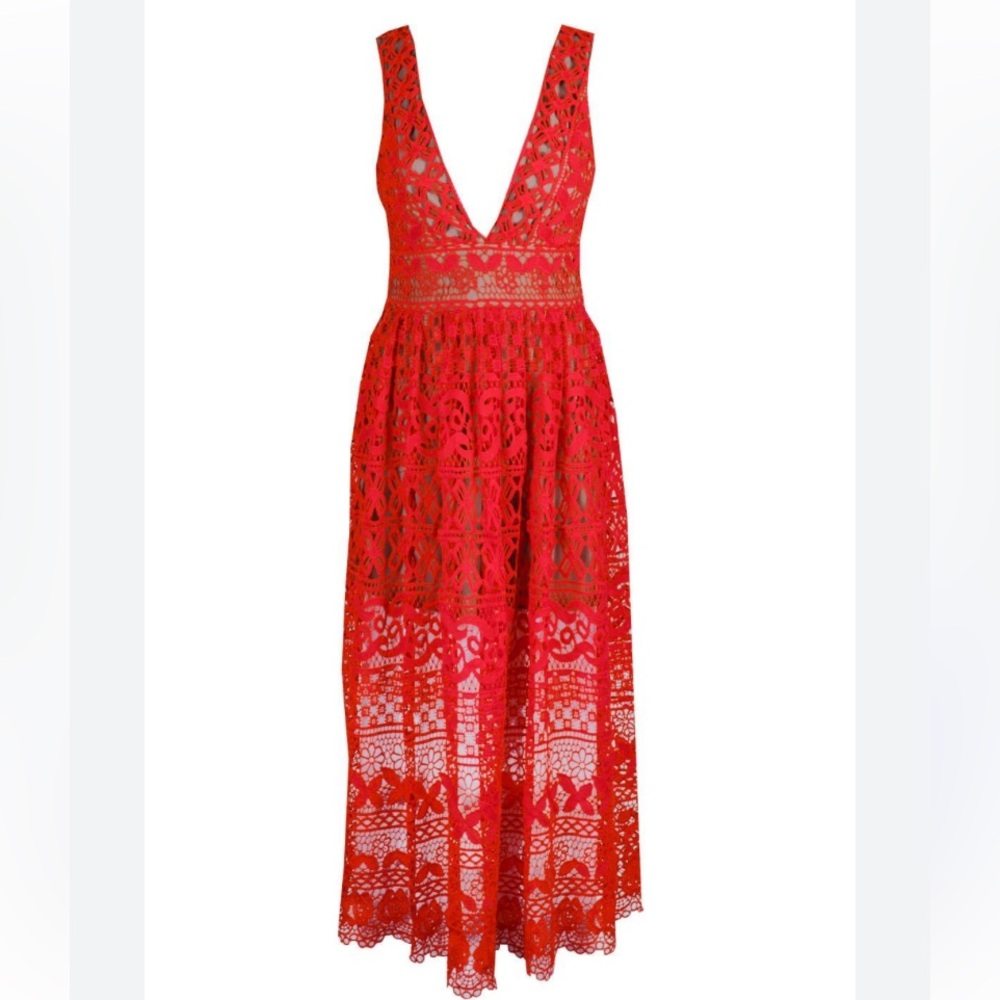 Nasty Gal IVIVI Red Crochet Lace Plunging Maxi Dress Small Isobel Sheer Boho